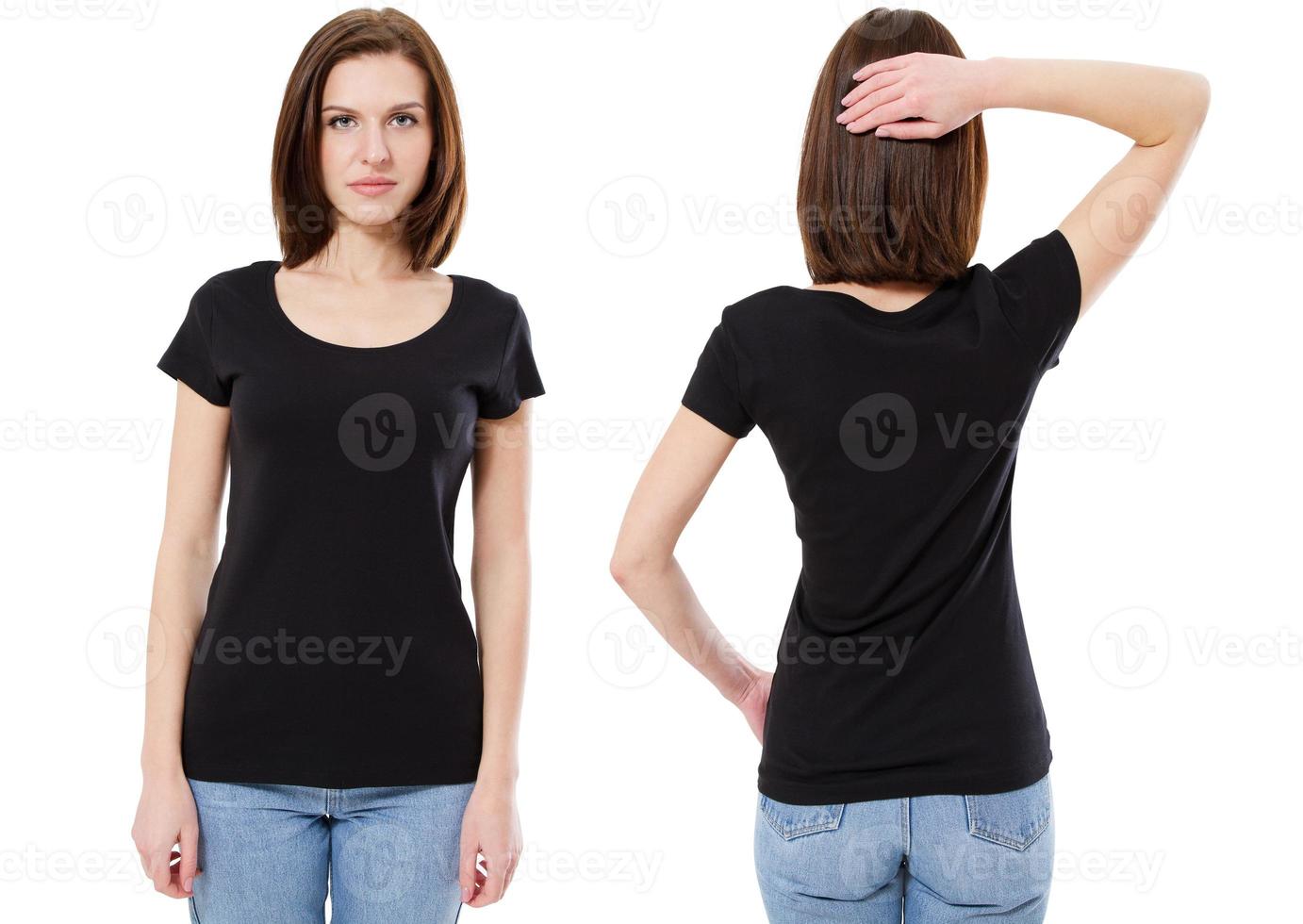 Mockup einer Vorlage eines T-Shirts einer schwarzen Frau auf weißem Hintergrund. Vorderansicht, Rückansicht. das schöne Mädchen die Brünette in einem schwarzen T-Shirt foto