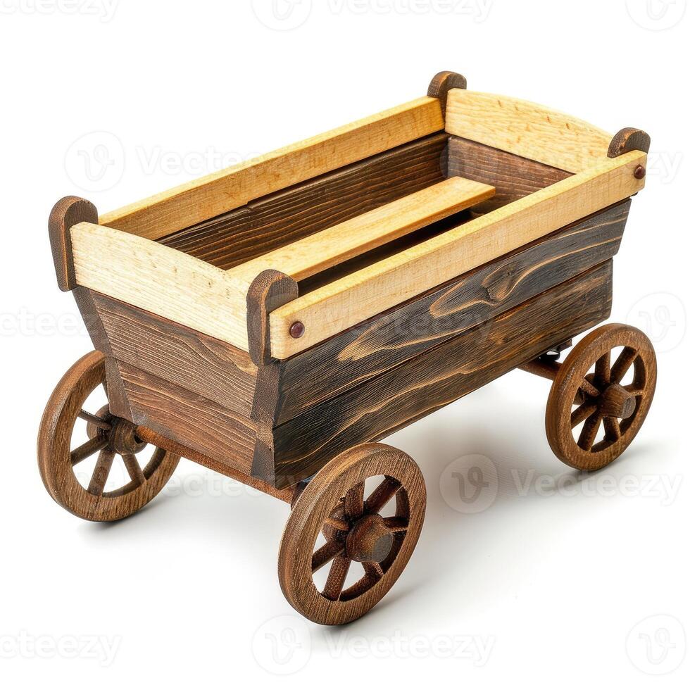 ai generiert Kinder- Holz und Metall Wagen Spielzeug isoliert auf Weiß Hintergrund, ai generiert. foto