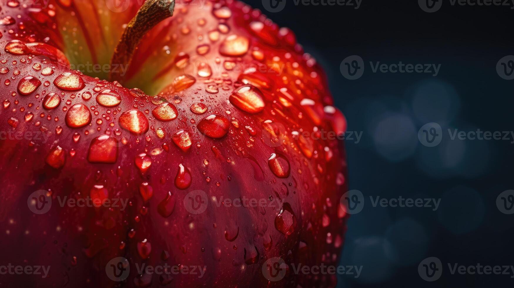 ai generiert Nahansicht von ein rot Apfel bedeckt im glitzernd Wasser Tröpfchen, ein frisch und appetitlich Sicht, ai generiert. foto