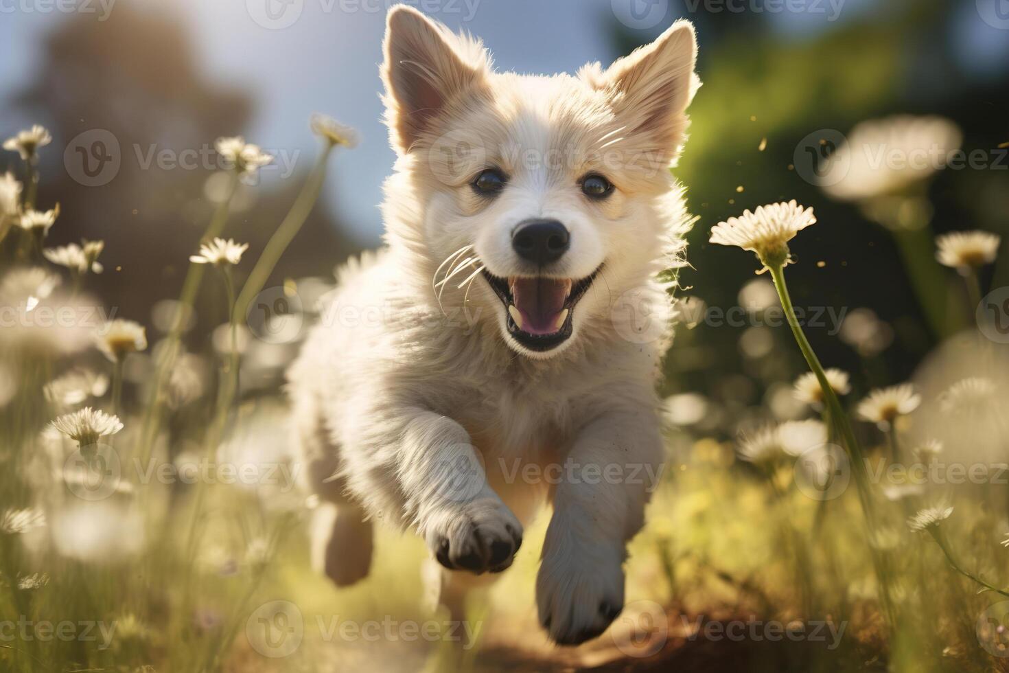 ai generiert komisch heiter Hund spielen draußen, Weiß spielerisch flauschige Haustier Laufen auf ein sonnig Sommer- Tag foto