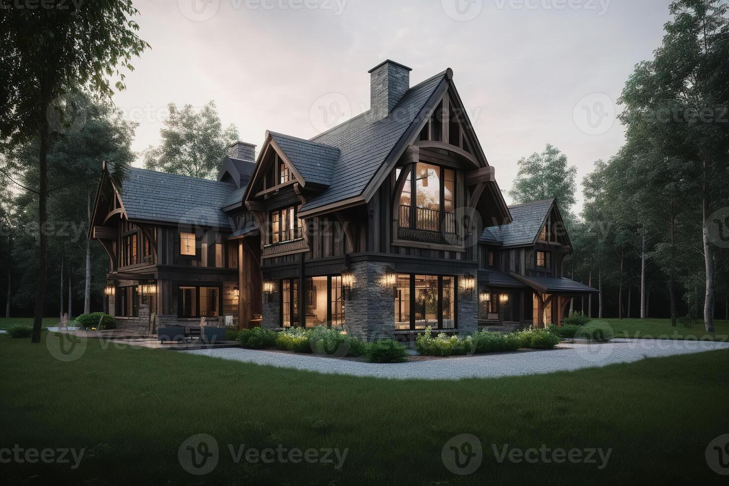 ai generiert Land Haus, Villa im alt traditionell Stil Außen. groß schön Hütte im Wald im Abend. generativ ai foto