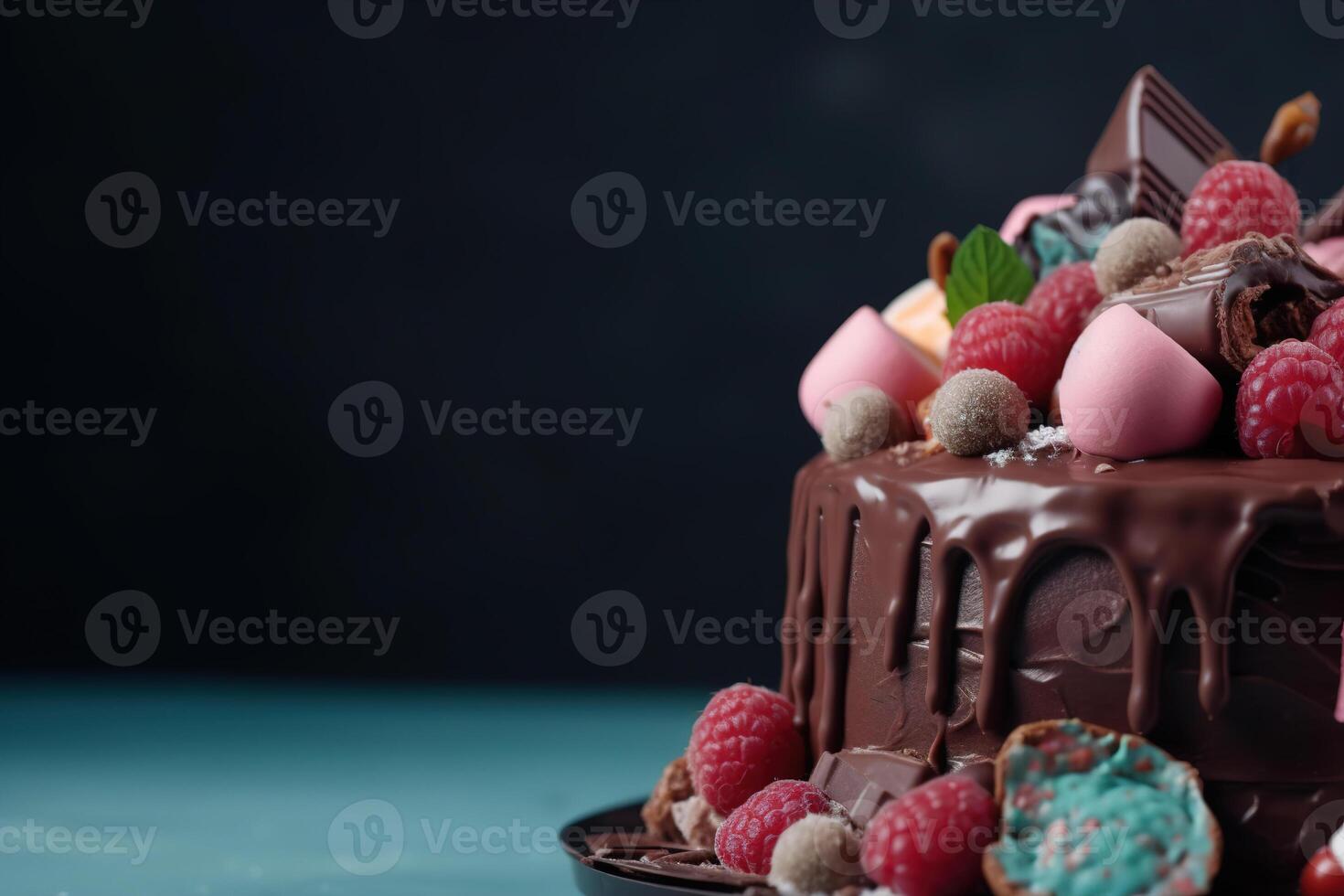 ai generiert köstlich Schokolade Kuchen dekoriert mit Beeren. Nahansicht von Süss Dessert auf Hintergrund mit Kopieren Raum. generativ ai foto