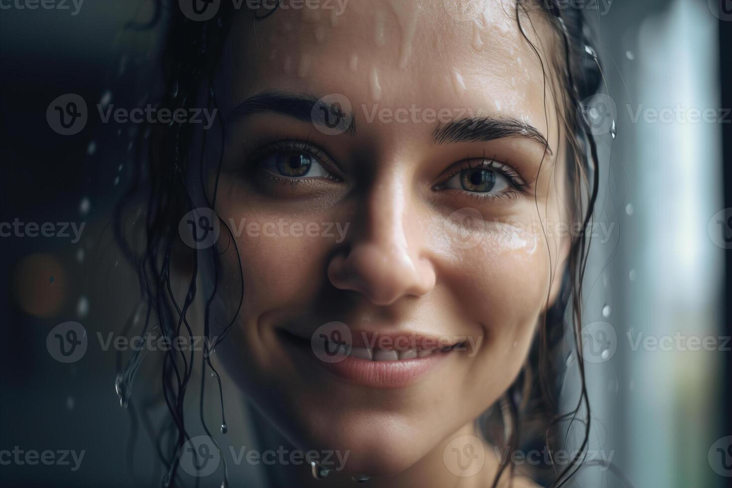 ai generiert Porträt von süß glücklich jung kaukasisch Frau im Badezimmer nach Dusche suchen beim Kamera. Nahansicht nass Gesicht und Haar von ein lächelnd Frau, generativ ai foto