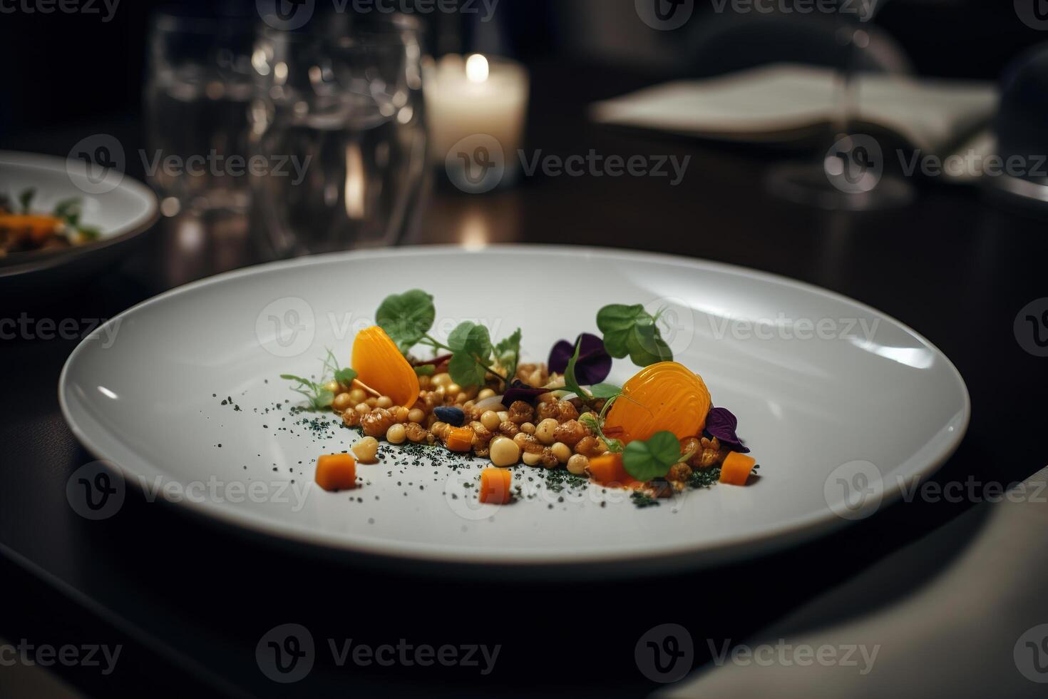 ai generiert Nahansicht von vegan Essen auf Platte, Diät Essen im Restaurant. generativ ai foto