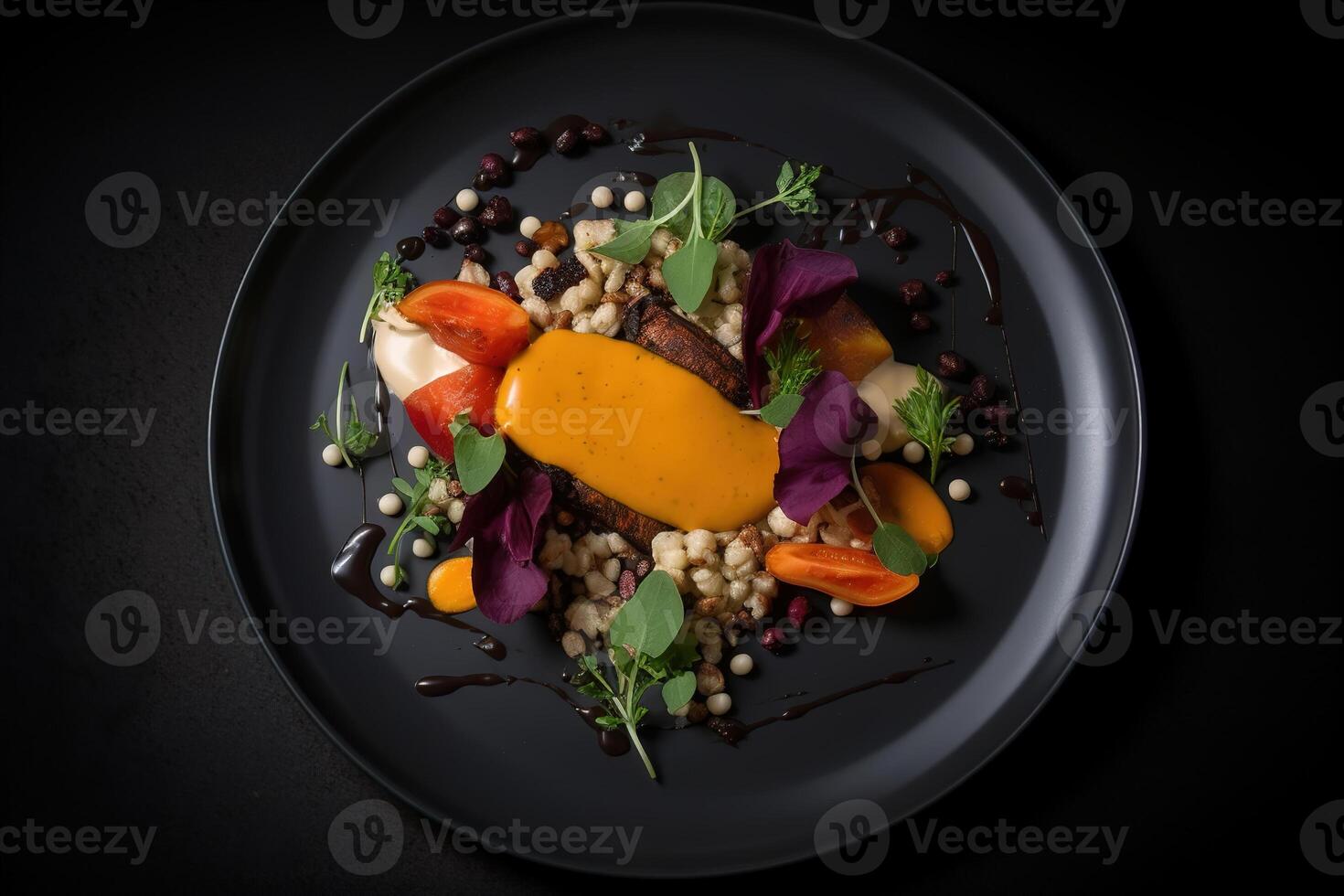 ai generiert vegan Gericht, Diät Vegetarier Essen auf ein schwarz Teller Restaurant Portion oben Sicht. generativ ai foto