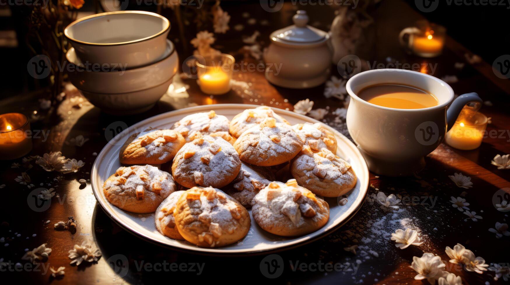 ai generiert Tasse von Tee, Kekse und Blumen auf ein hölzern Tisch. foto