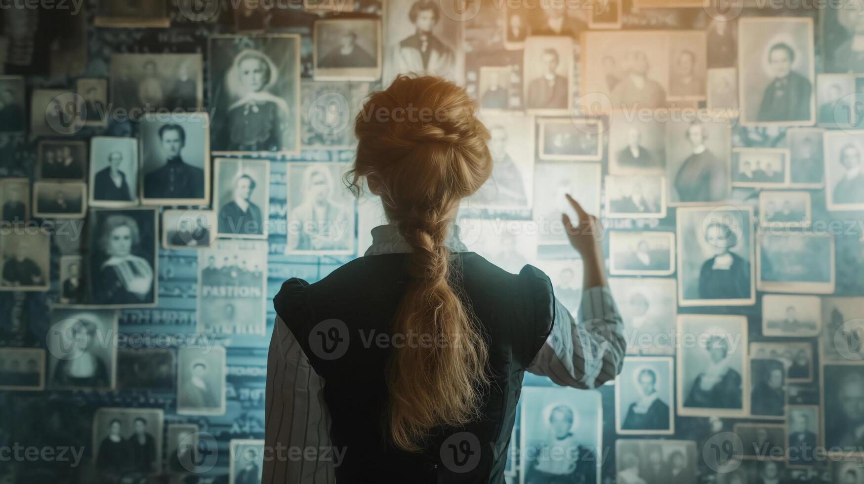 ai generiert ein Frau Stehen im Vorderseite von ein Mauer mit Fotos von historisch Frauen. Damen Geschichte. ai generiert