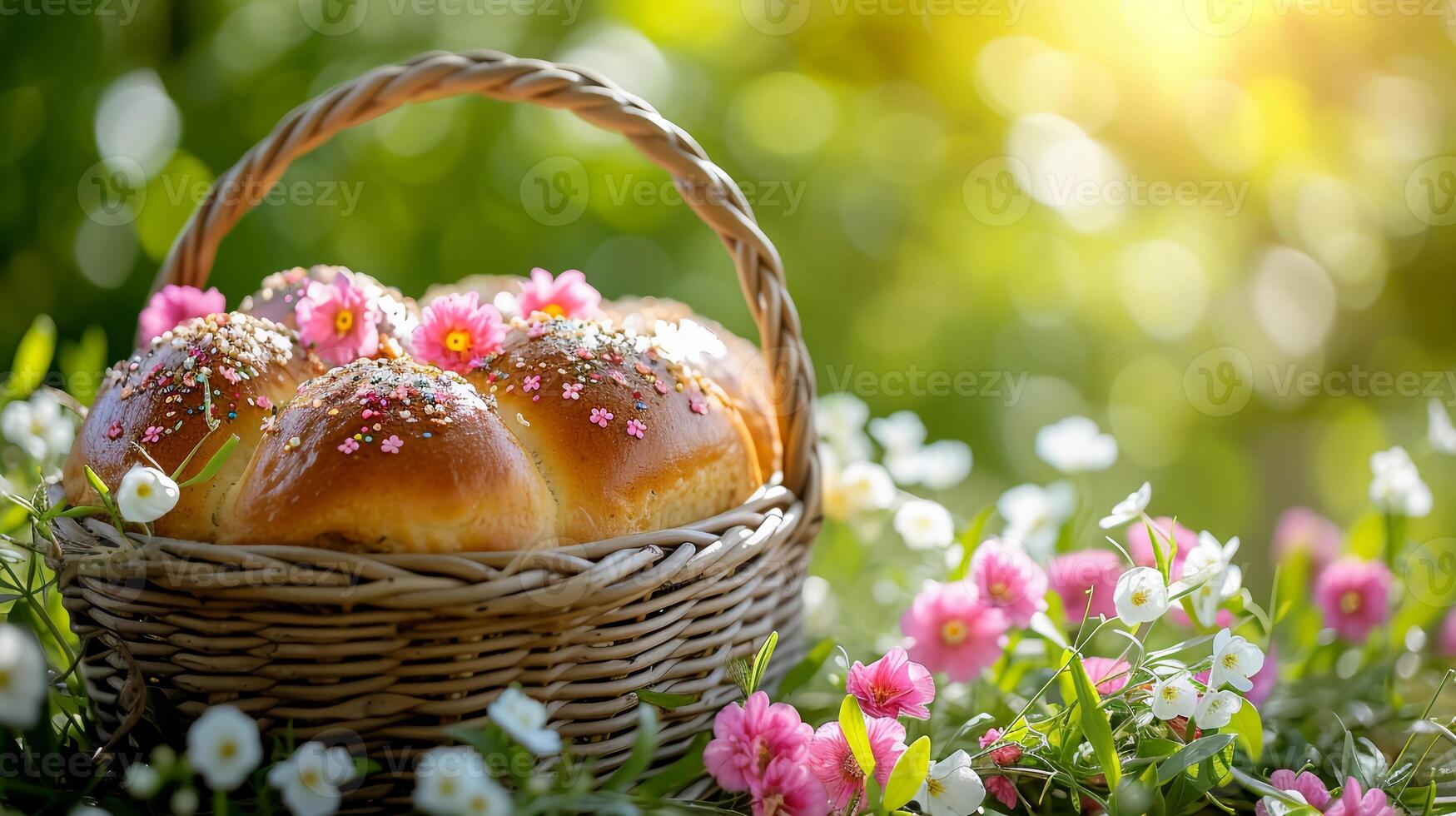 ai generiert rustikal gewebte Korb mit traditionell Ostern Süss Brot. frisch Frühling Blumen. ai generiert foto