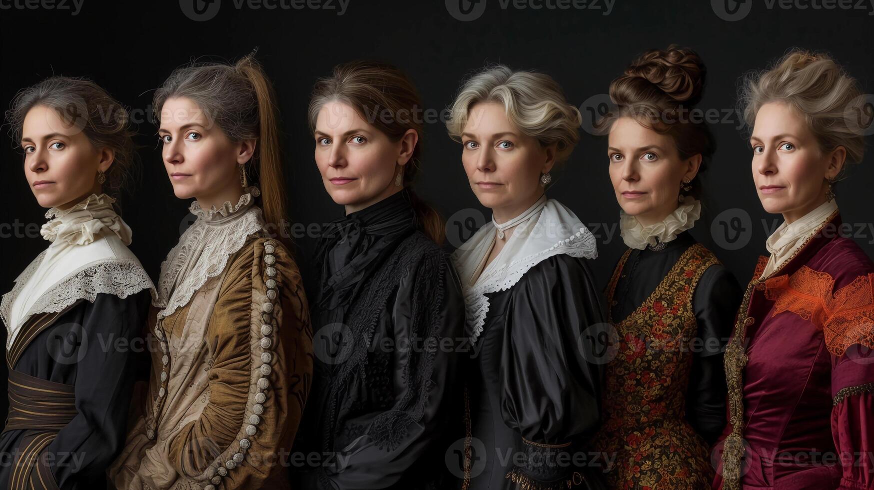 ai generiert Damen Geschichte Monat. Porträt Serie von vielfältig Frauen geschmückt im historisch Kleidung. ai generiert foto