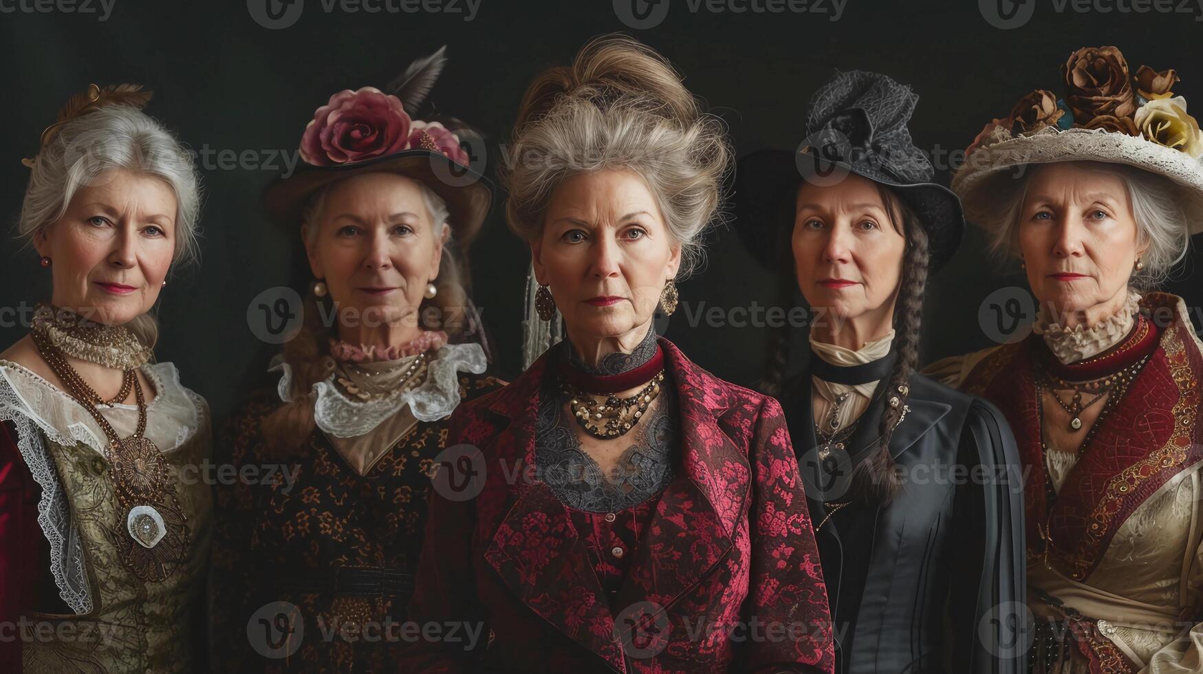 ai generiert Damen Geschichte Monat. Porträt Serie von vielfältig Frauen geschmückt im historisch Kleidung. ai generiert foto