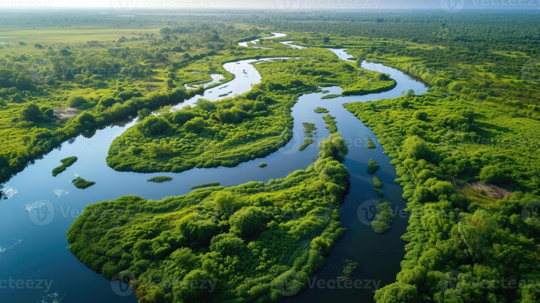 ai generiert Antenne Aussicht offenbart ein üppig Fluss Delta mit grün Vegetation und mäanderförmig Wasserstraßen, ai generiert foto