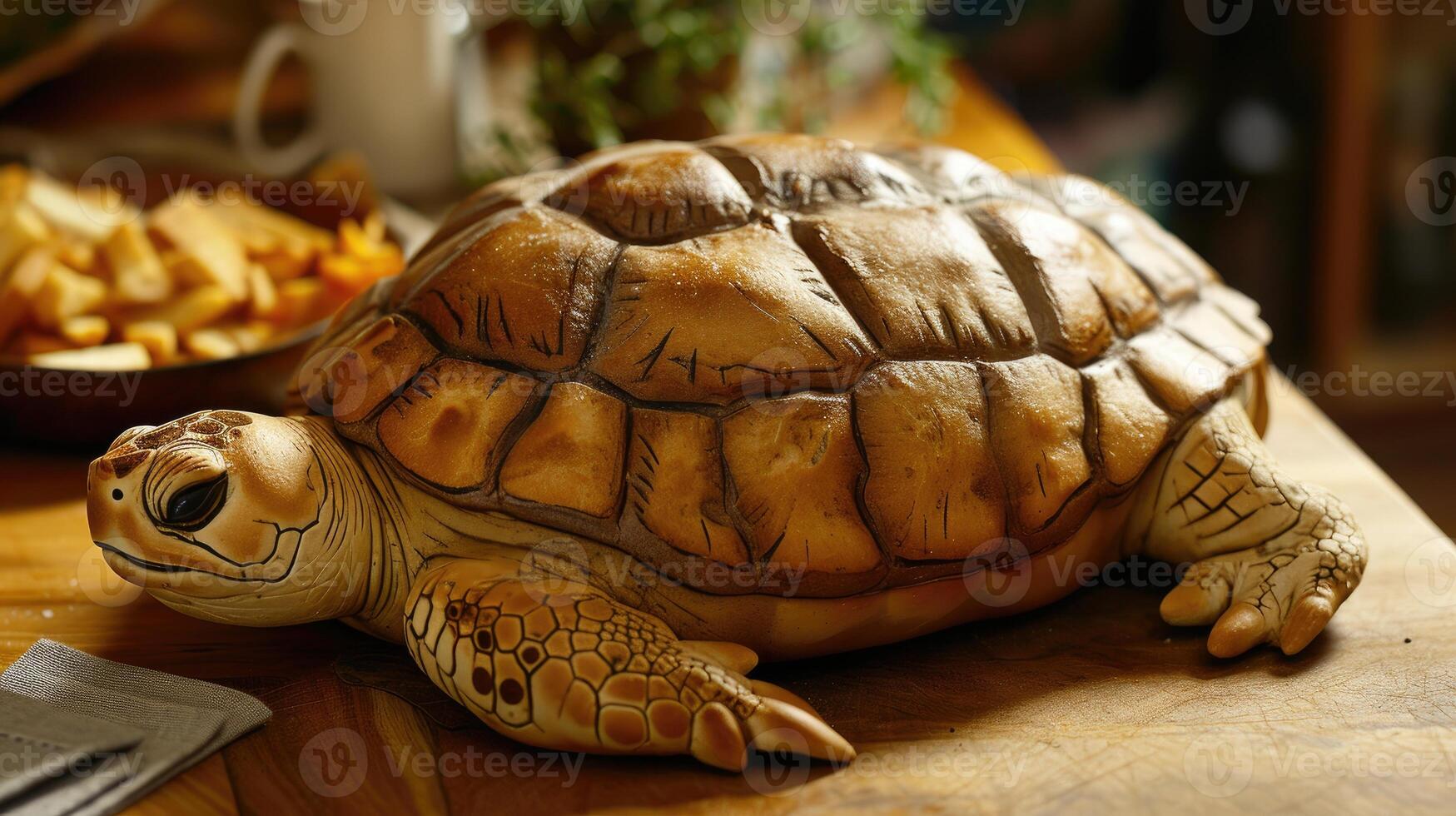 ai generiert einzigartig Brot Laib ähnlich ein Schildkröte ruhen auf ein hölzern Tisch, ai generiert foto