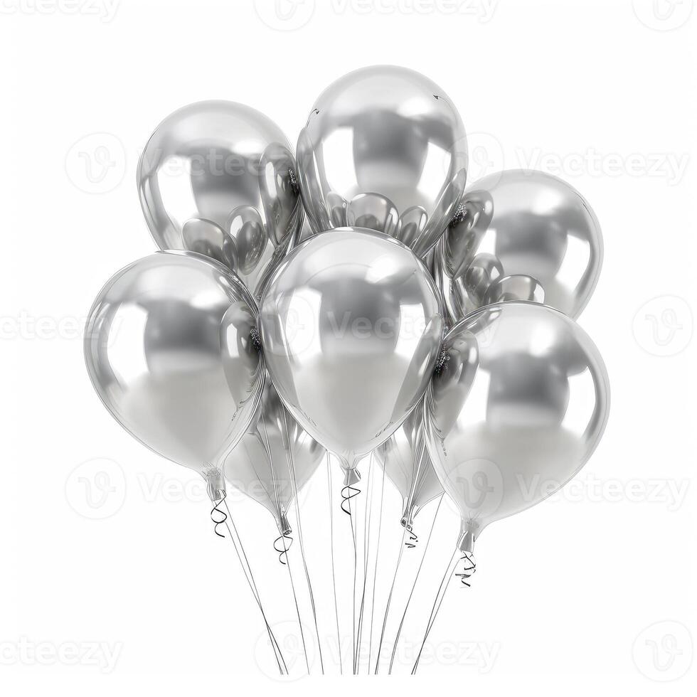 ai generiert Bündel von glänzend glänzend Silber Helium Luftballons auf Zeichenfolge isoliert auf Weiss, ai generiert. foto