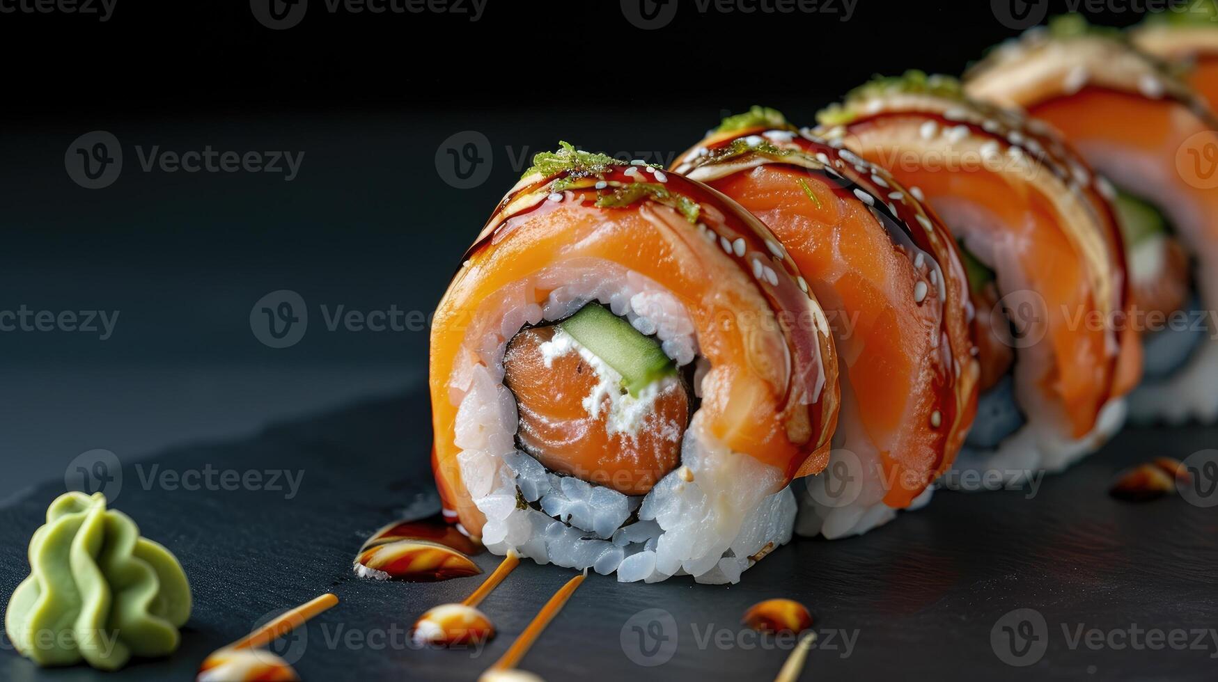 ai generiert köstlich Sushi rollen mit frisch Lachs, ein lecker japanisch kulinarisch Freude, ai generiert. foto