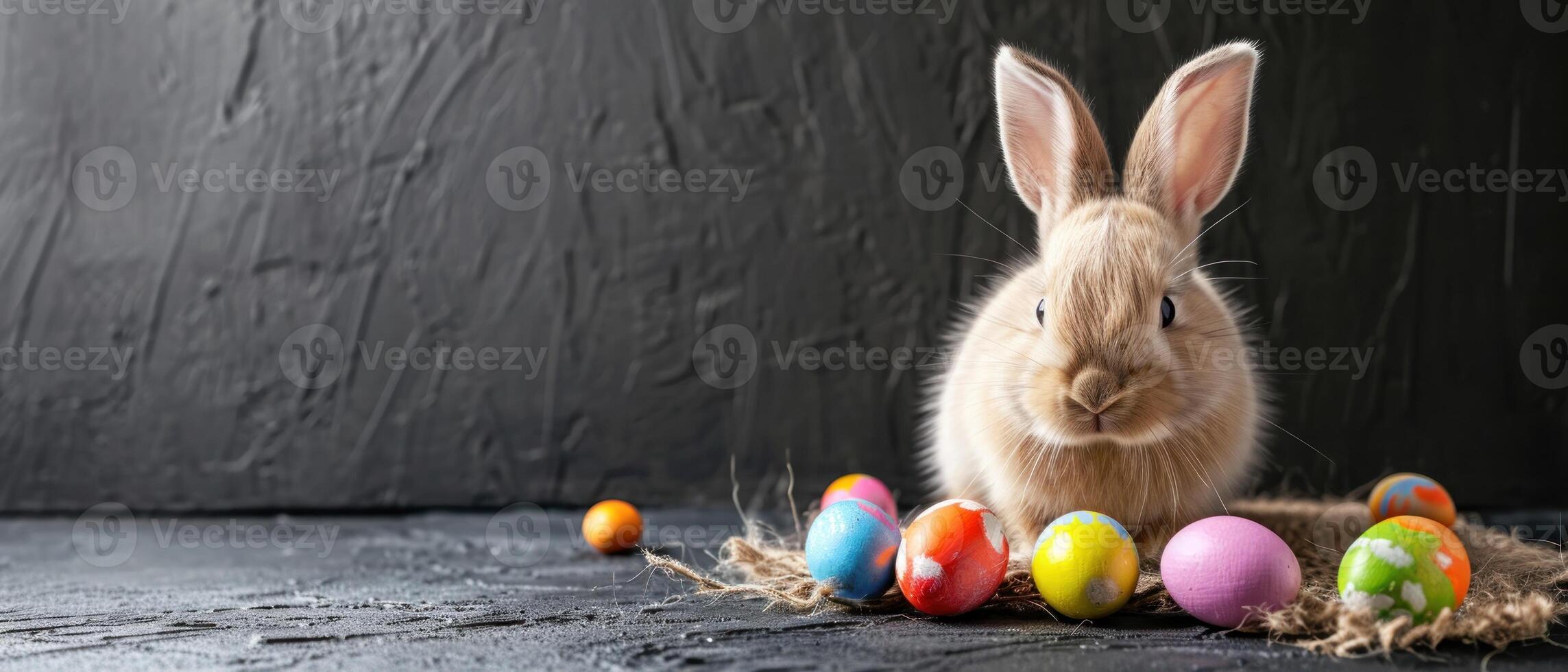 ai generiert ein süß wenig Ostern Hase sitzt unter ein Vielzahl von bunt gemalt Eier, ai generiert. foto