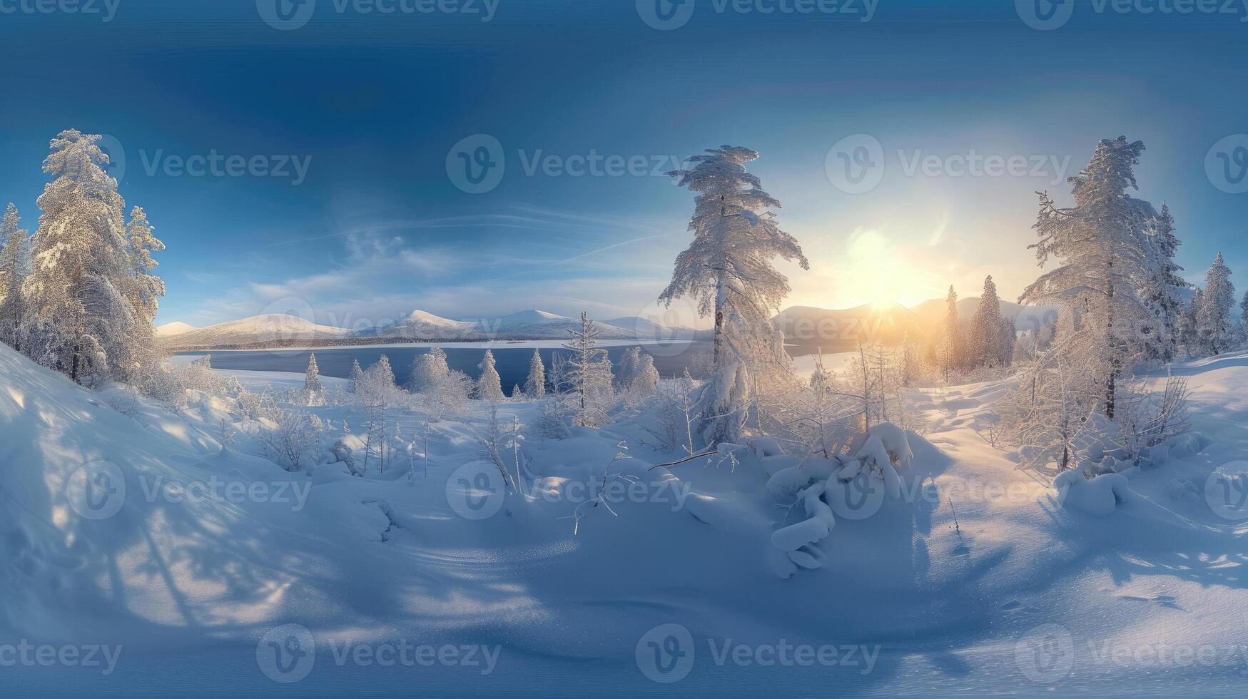 ai generiert einschiffen auf ein winterlich Abenteuer mit ein 360 Grad Aussicht von ein heiter schneebedeckt Landschaft. ai generiert. foto