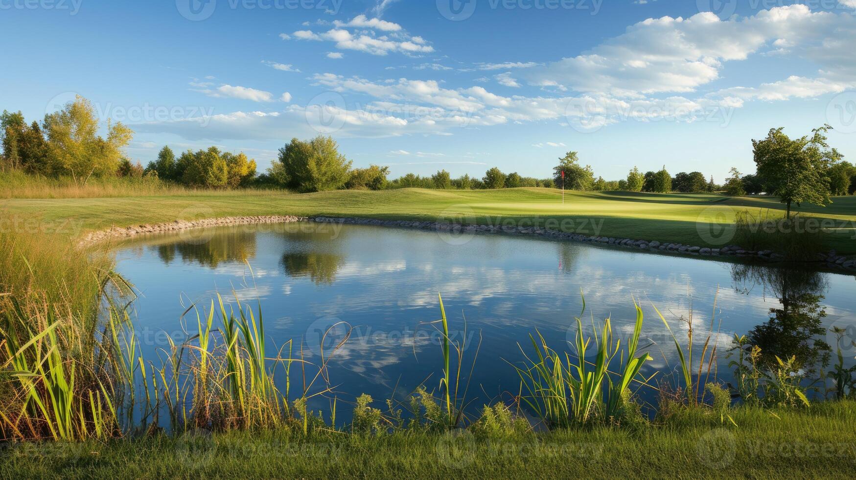 ai generiert genießen das Gelassenheit von ein Teich mit ein szenisch Golf Kurs Hintergrund, ein harmonisch Mischung von Erholung und Natur. ai generiert. foto