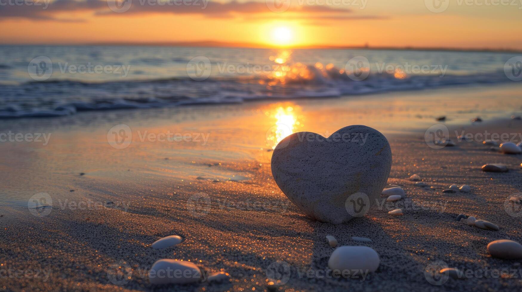 ai generiert Sonnenuntergang beim das Strand mit ein herzförmig Stein platziert sanft auf das Sand, ai generiert foto