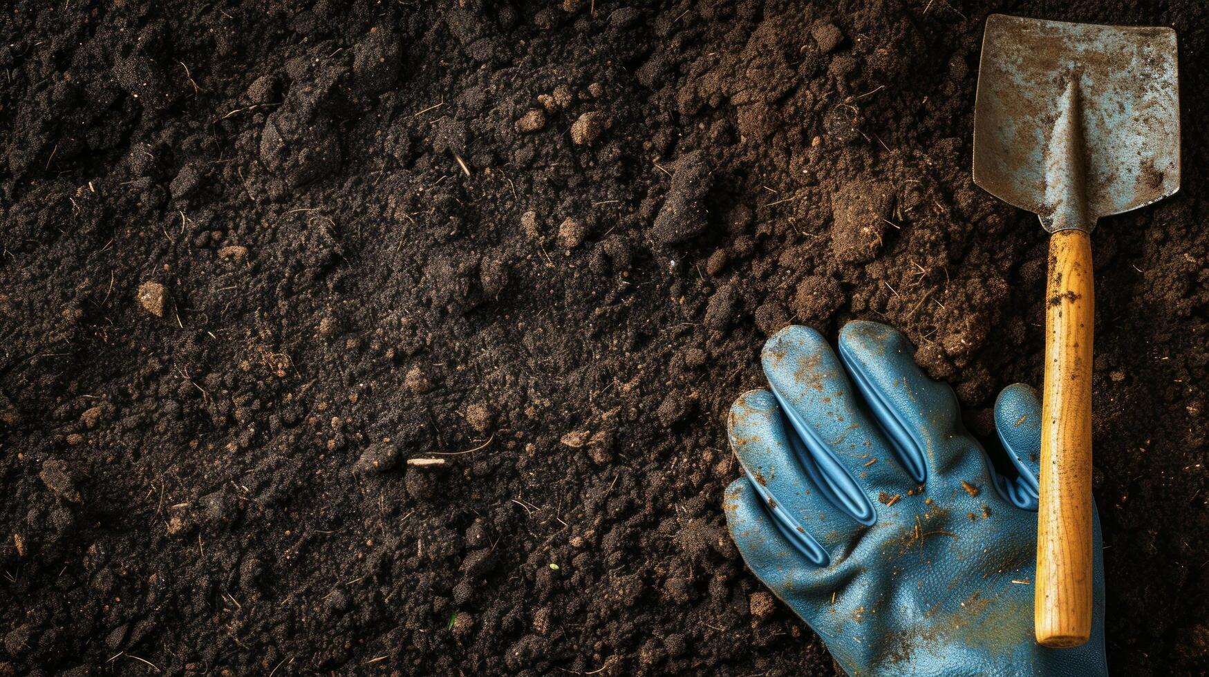 ai generiert ein Paar von Garten Handschuhe und ein Kelle gelegt auf frisch gedreht Boden foto