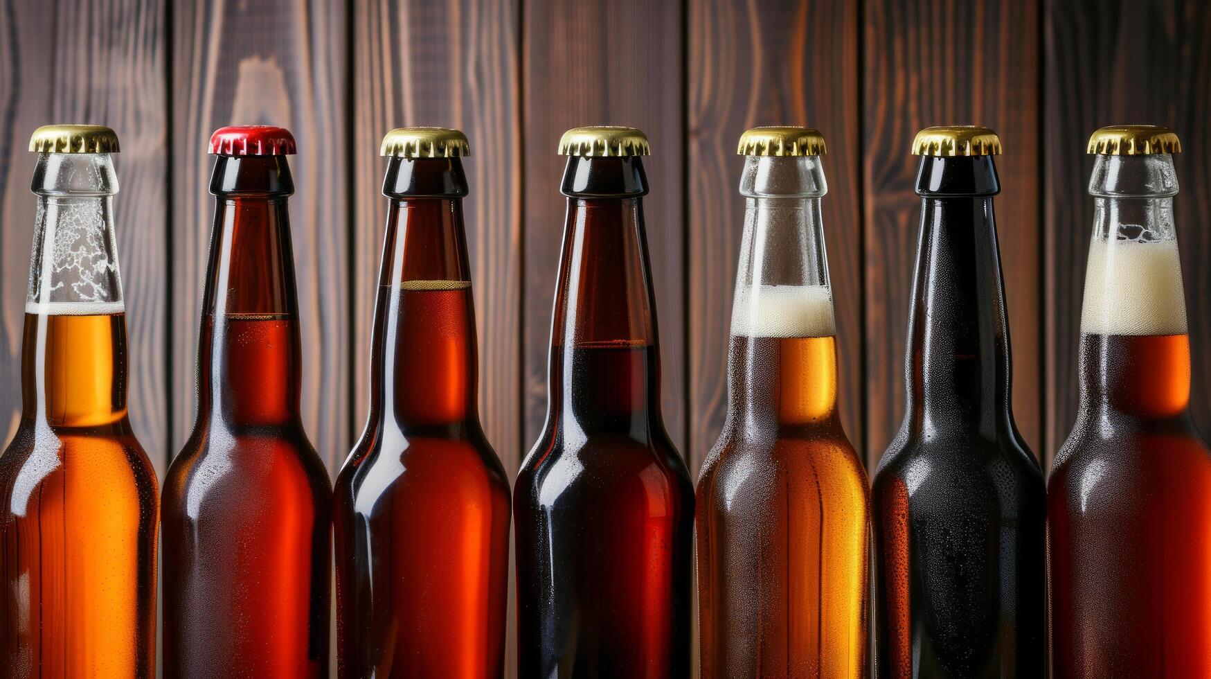 ai generiert ein Sammlung von Kunst Bier Flaschen präsentieren ein breit Angebot von Bier Stile und Aromen foto