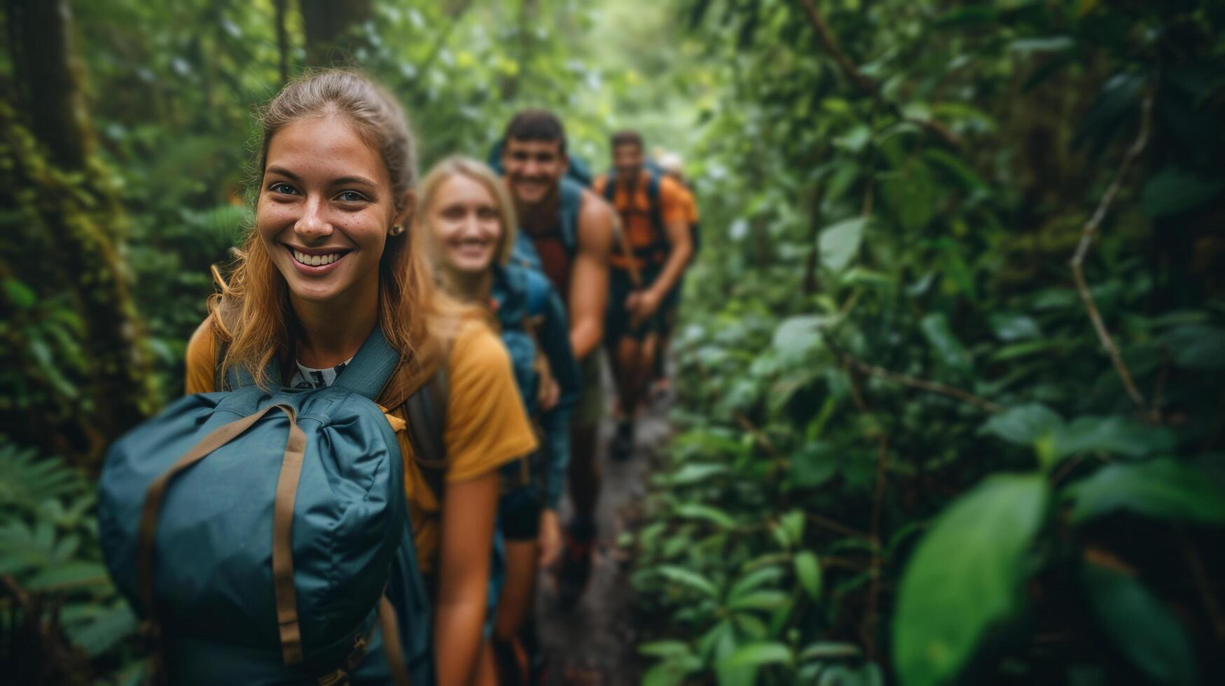 ai generiert ein Gruppe von freunde Wandern durch ein dicht, Smaragd Wald, Rucksäcke auf und lächelt breit foto