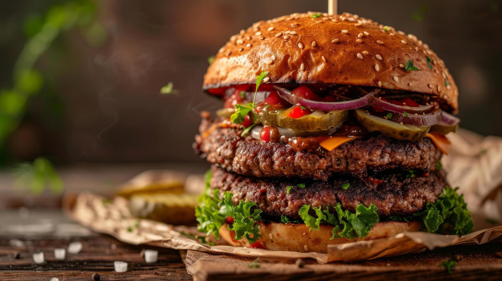 ai generiert ein herzhaft Doppeldecker Burger mit zwei saftig Pastetchen, Gurken, Zwiebeln, und ein Besondere Soße foto