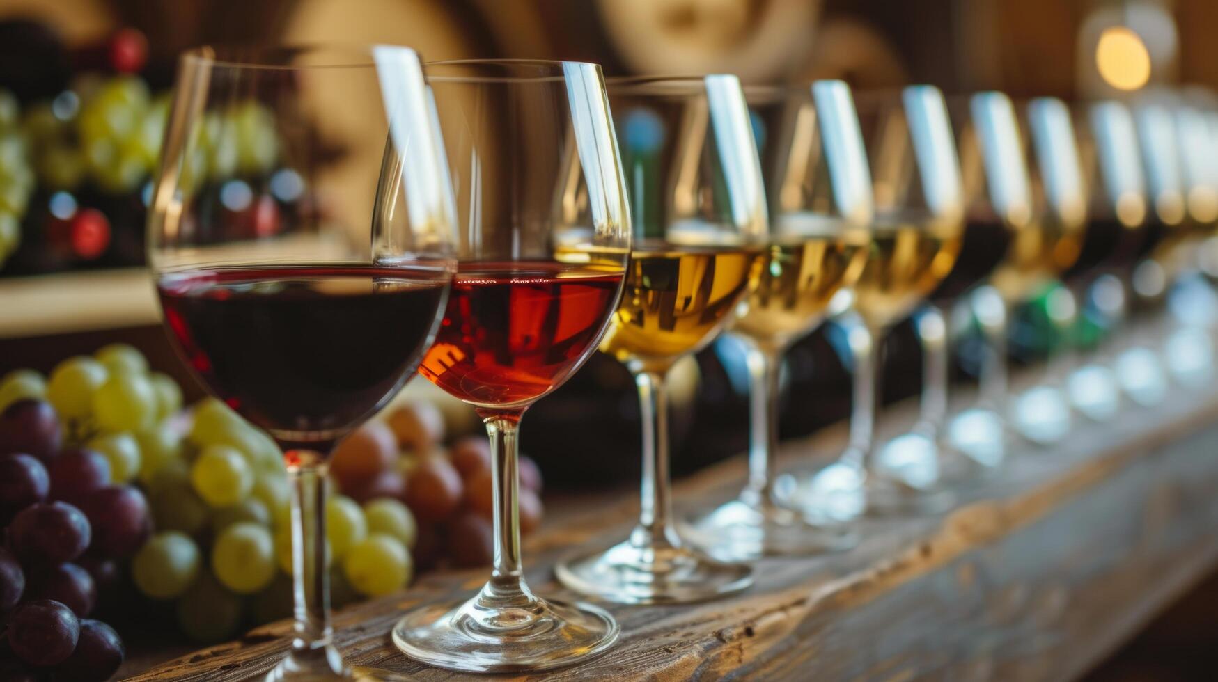 ai generiert ein Weinprobe Fall, präsentieren ein Flug von Weine mit Verkostung Anmerkungen und Traube Sorten foto