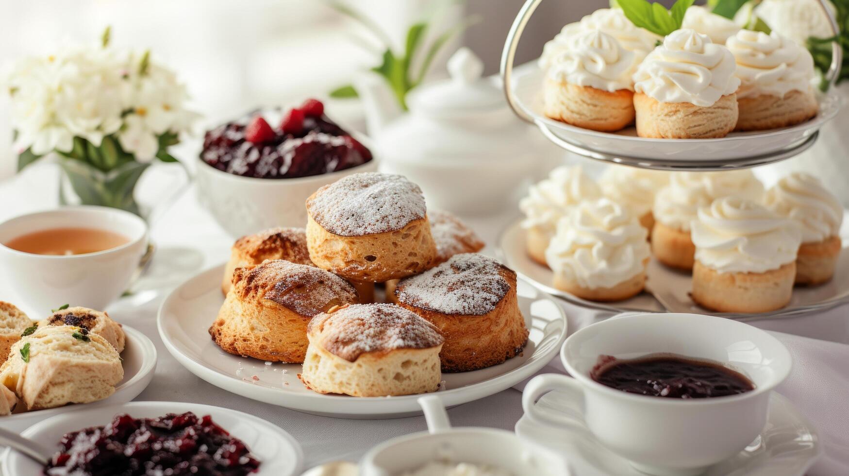 ai generiert ein traditionell britisch Nachmittag Tee Ausbreitung, Komplett mit Scones, geronnen Creme, und Marmelade foto