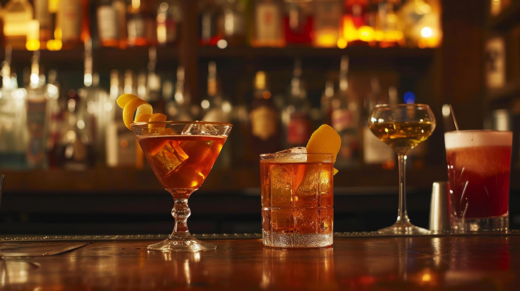 ai generiert ein Jahrgang Bar Szene mit klassisch Cocktails mögen das alt gestaltet und Martini foto