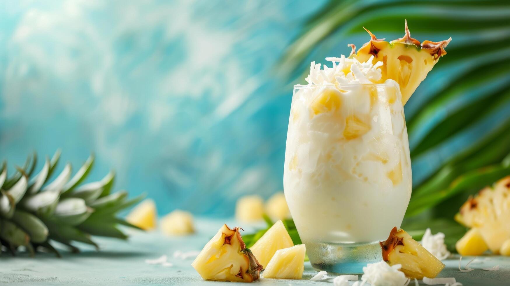 ai generiert ein tropisch Paradies im ein Glas mit Kokosnuss Milch Gelee, geschmückt mit frisch Ananas Brocken foto
