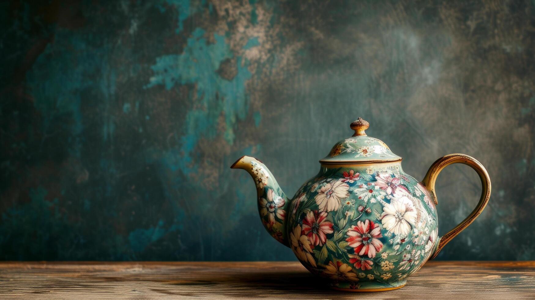 ai generiert ein Jahrgang Teekanne mit kompliziert Blumen- Muster, hervorrufen Nostalgie zum vorbei Epochen foto