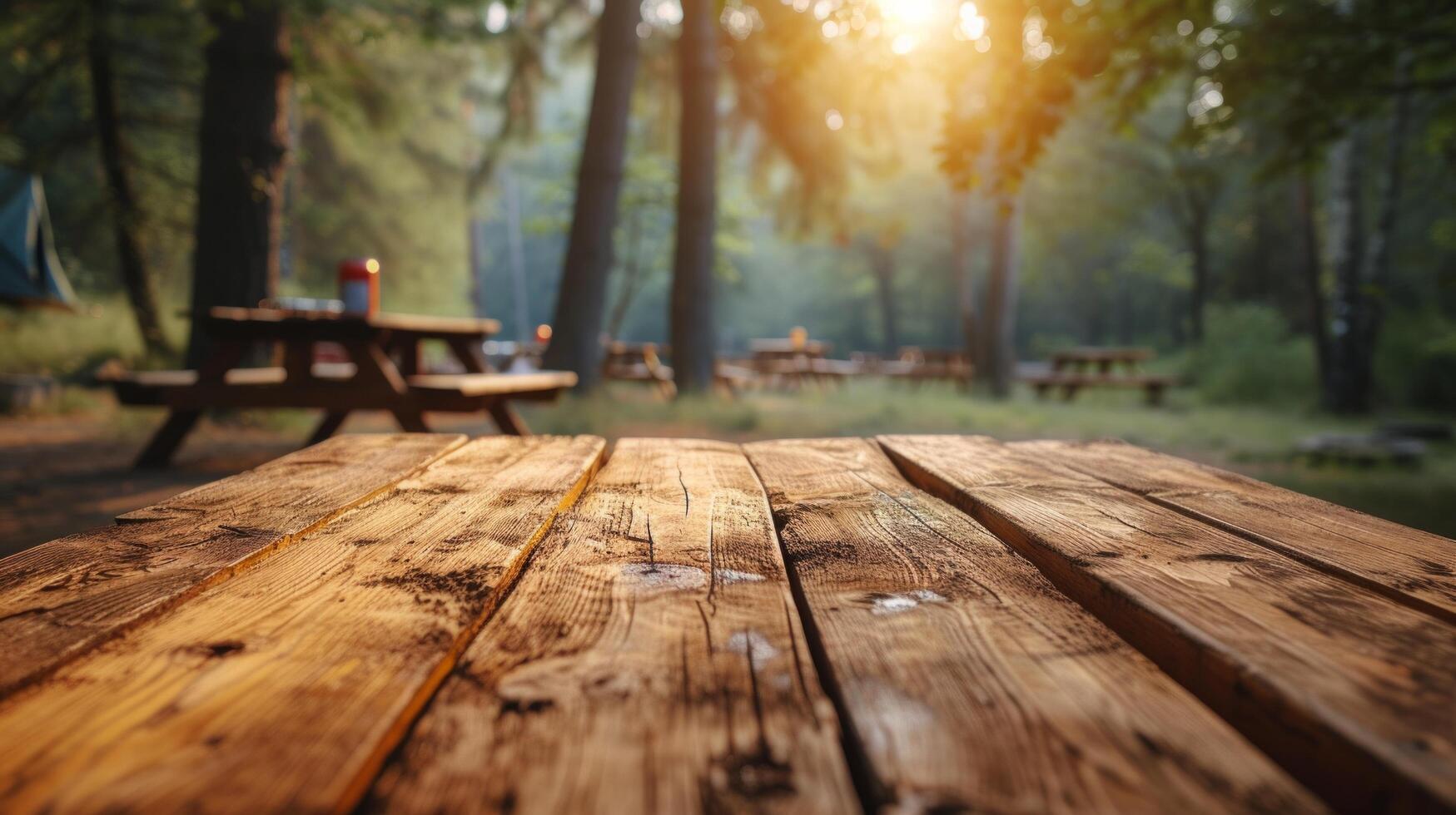 ai generiert Wald Campingplatz beim Dämmerung foto