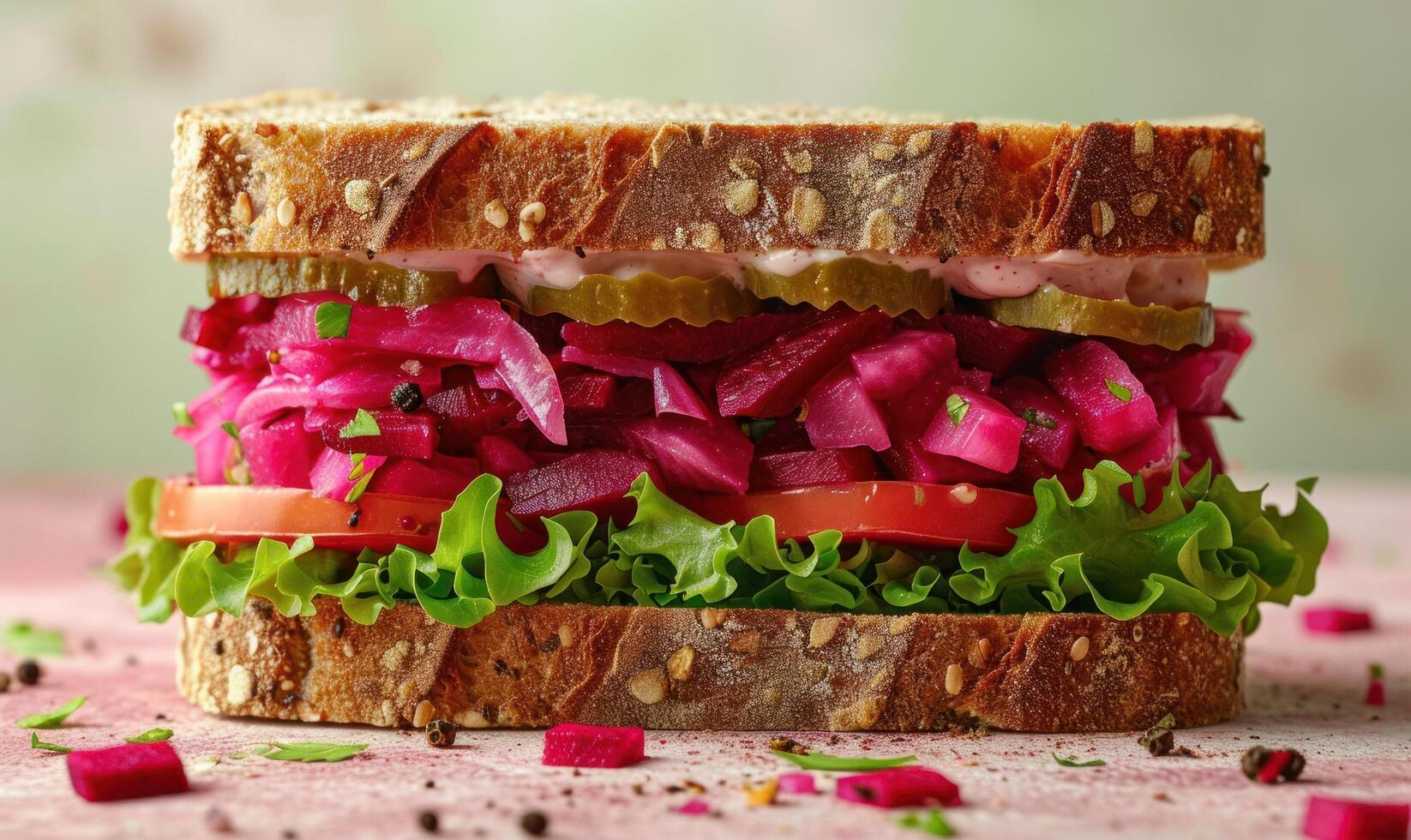 ai generiert Zuckerrüben Salat Sandwich mit schwarz Pfeffer foto