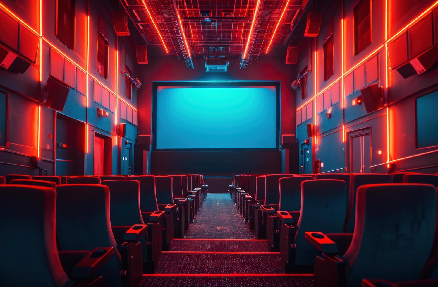 ai generiert ein leeren Kino Sitzplätze Bereich mit ein Bildschirm foto