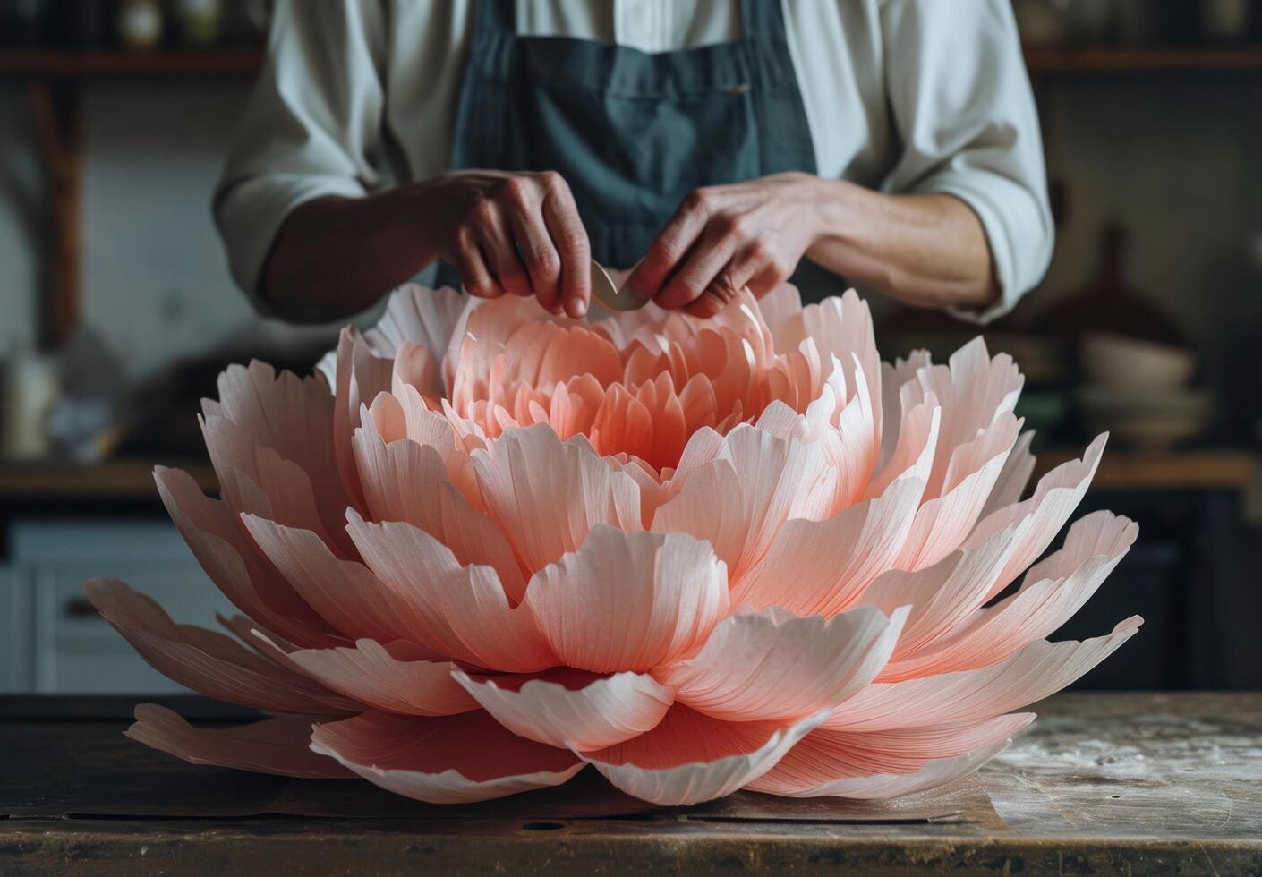 ai generiert Menschen mit Papier Werkzeuge hinter ein Rosa Blume foto