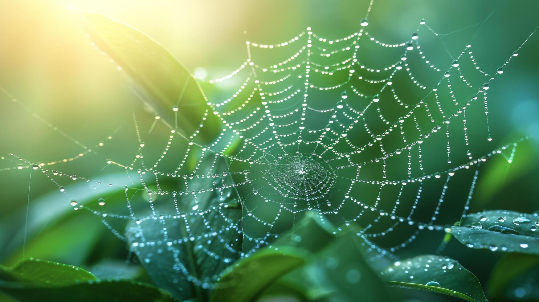 ai generiert funkelnd Tautropfen auf ein Spinne Netz, ein Meisterstück von der Natur Schmuck foto