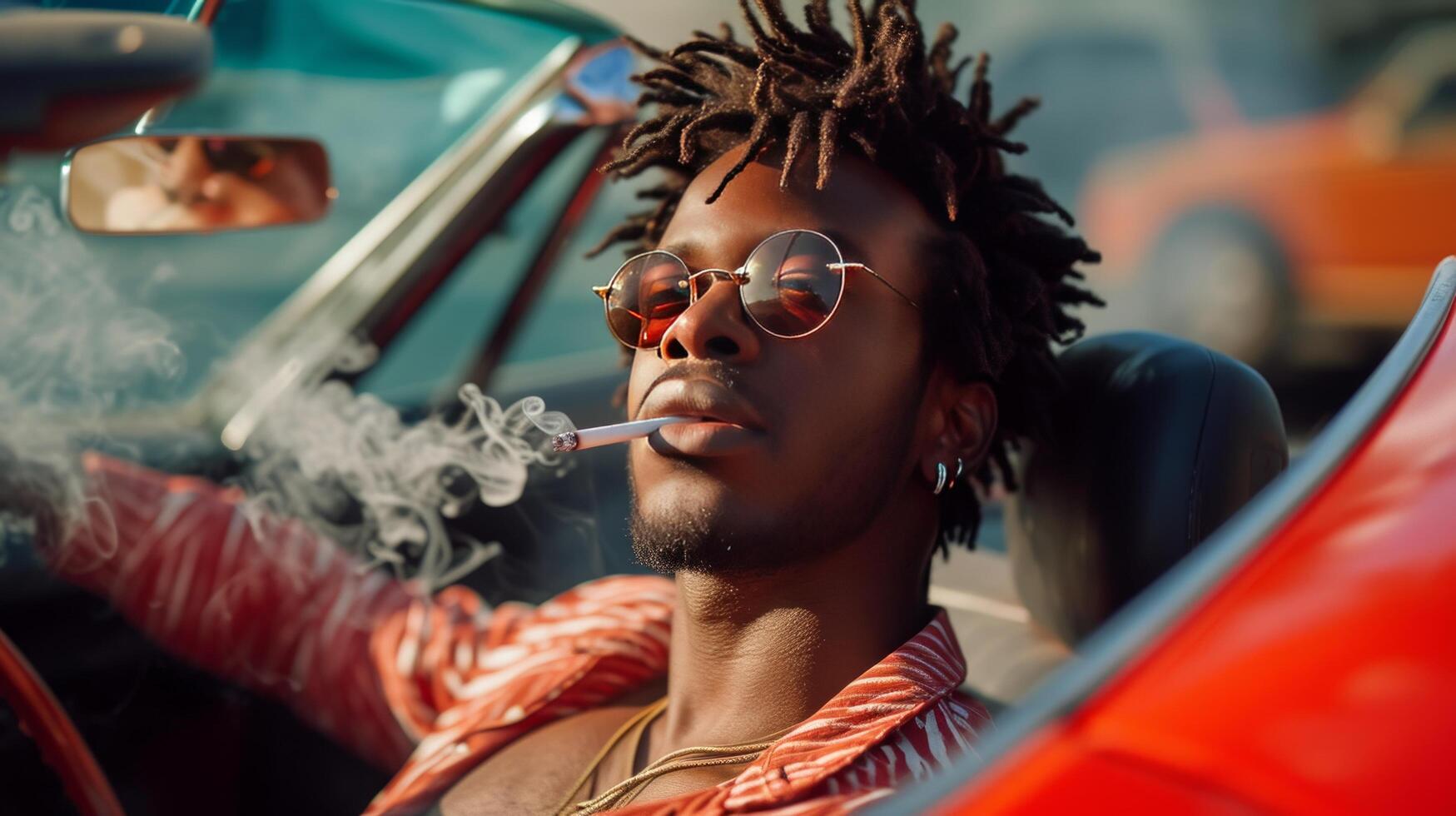 ai generiert jung schwarz Mann Sitzung und Rauchen im ein rot Sport Auto foto