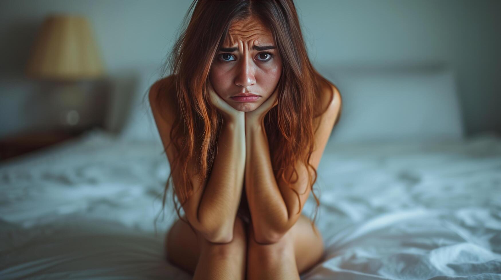 ai generiert ein Mädchen sitzt auf das Bett mit ihr Waffen eingewickelt um ihr wund Bein mit ein Ausdruck von Schmerzen auf ihr Gesicht foto