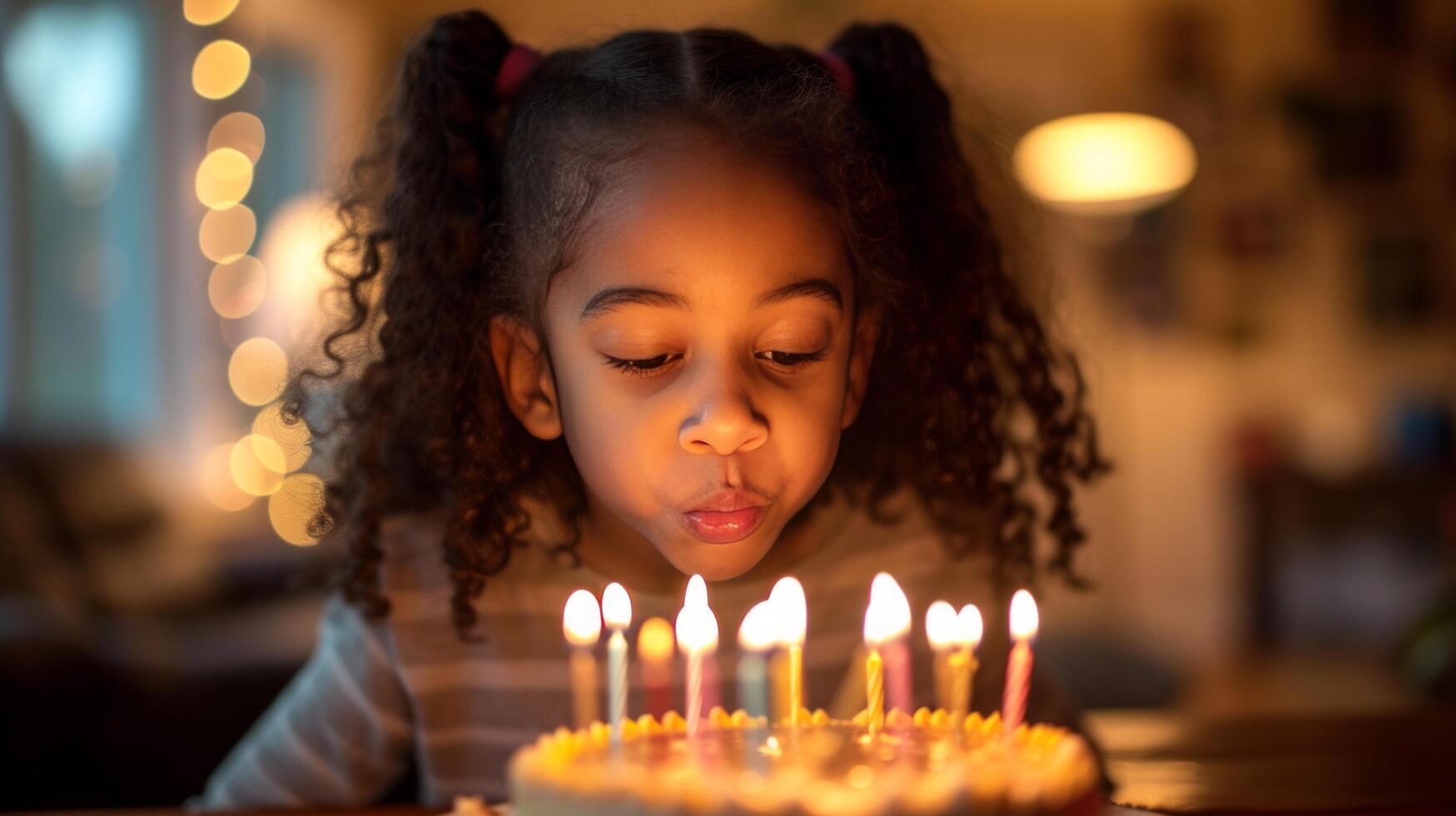 ai generiert ein jung Mädchen weht aus das Kerzen auf ihr Geburtstag Kuchen foto