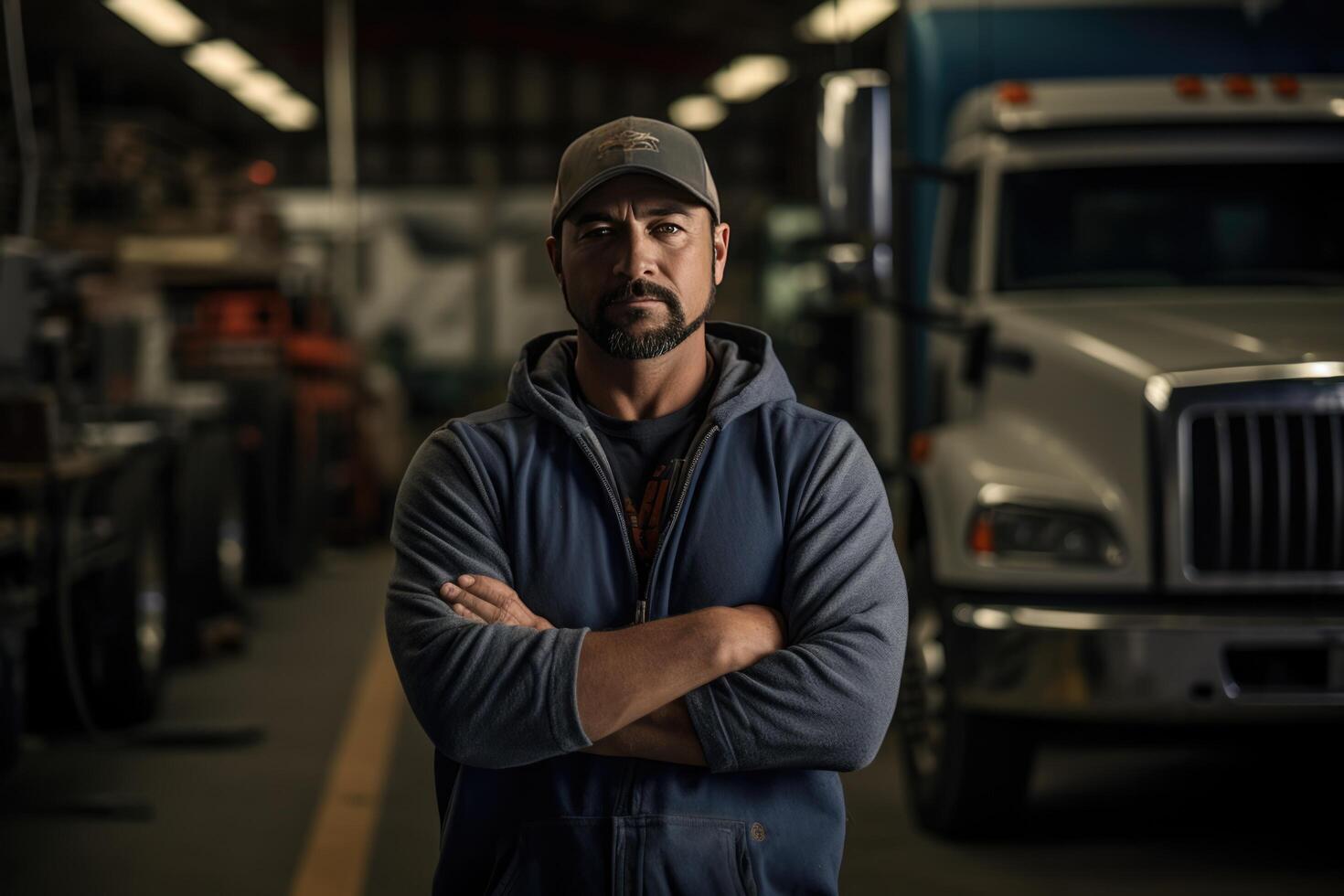 ai generiert LKW Reparatur Geschäft Inhaber im Uniform im das Garage, LKW auf Hintergrund foto