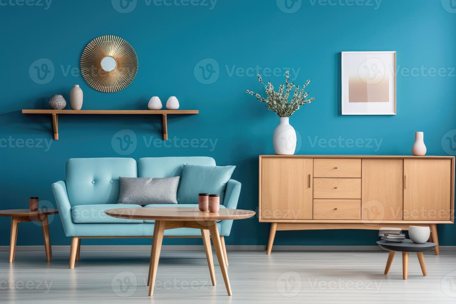 ai generiert Tiffany Farbe Innere Design von modern Leben Zimmer. runden hölzern Essen Tabelle Sofa, Kabinett in der Nähe von Blau Mauer foto