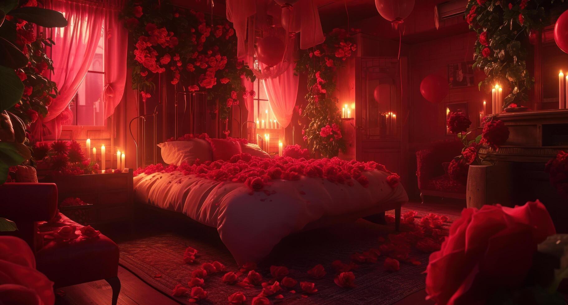 ai generiert romantisch romantisch Schlafzimmer mit Rosen im Es, Kerzen, und Luftballons foto