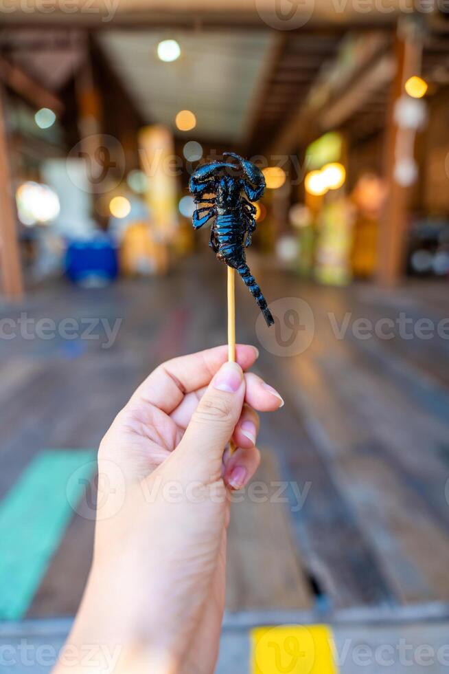 gebraten Skorpion auf ein Spieß im Hand von Tourist im schwebend öffnen Luft Markt auf das Teich im Pattaya, Thailand foto