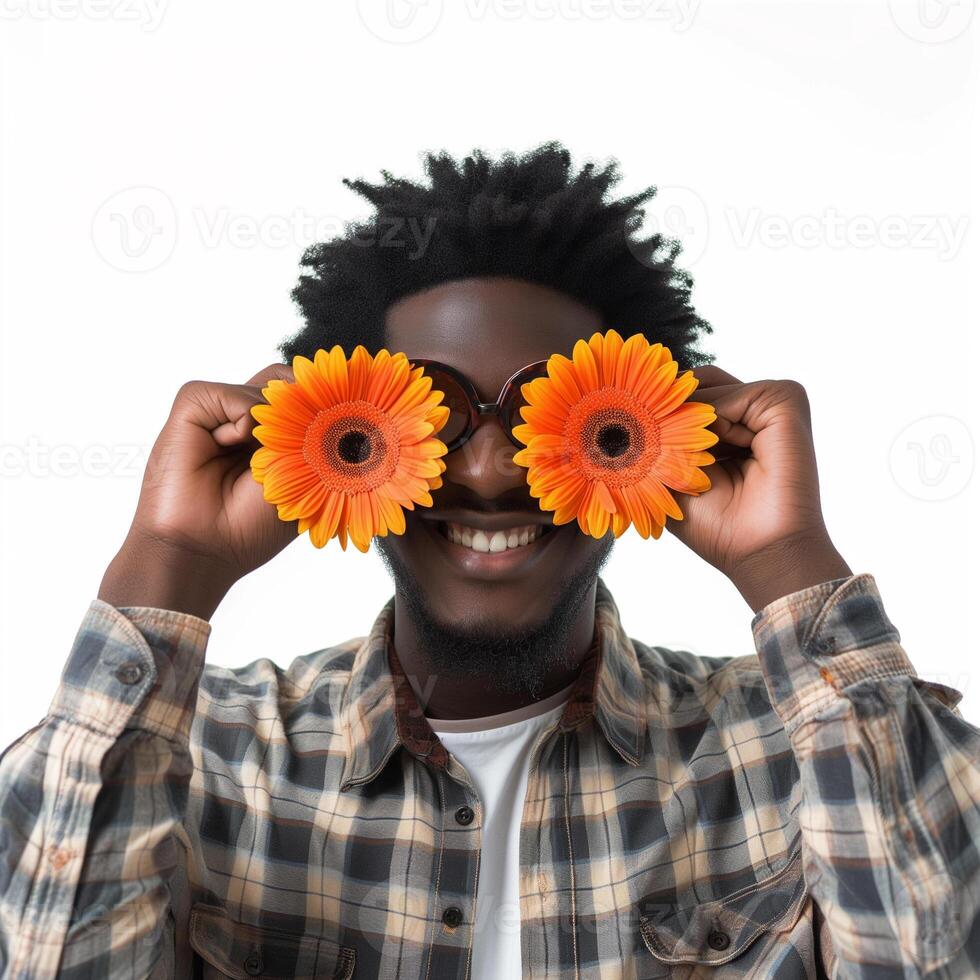 ai generiert afrikanisch amerikanisch Mann Abdeckungen Augen mit zwei Orange Gerbera foto