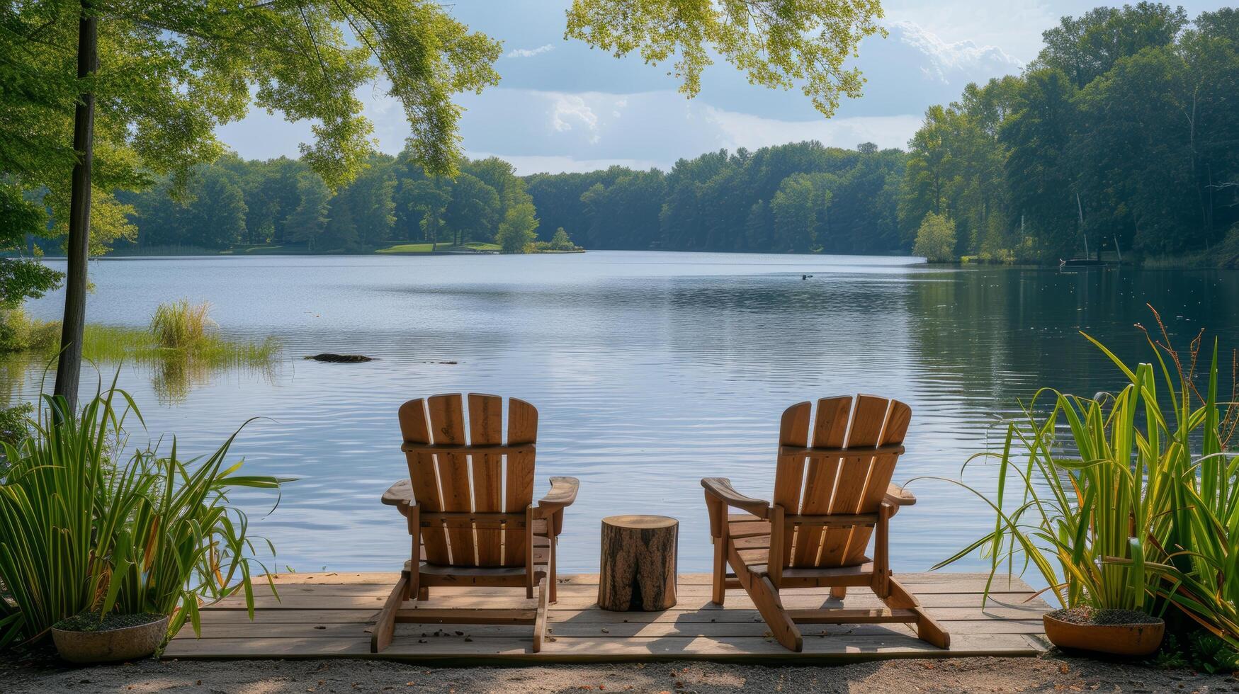 ai generiert ein friedlich Seeufer Rückzug, wo Familien entspannen durch das Wasser und genießen ein still Urlaub foto