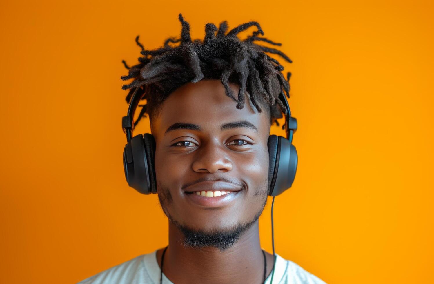 ai generiert ein jung Mann tragen Kopfhörer Wer ist lächelnd beim Gelb Hintergrund foto