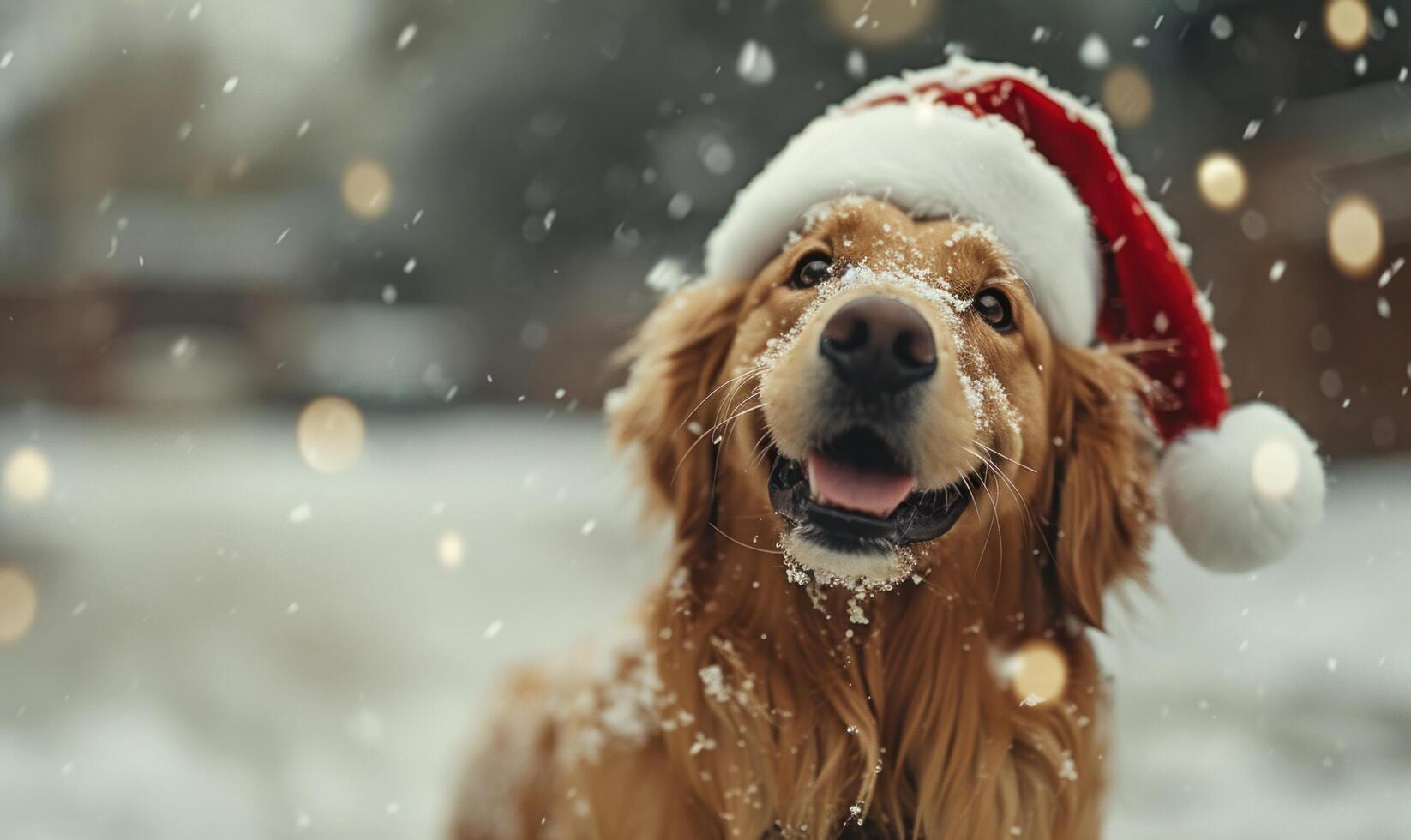 ai generiert ein Hund tragen ein Santa Hut im das Schnee, foto
