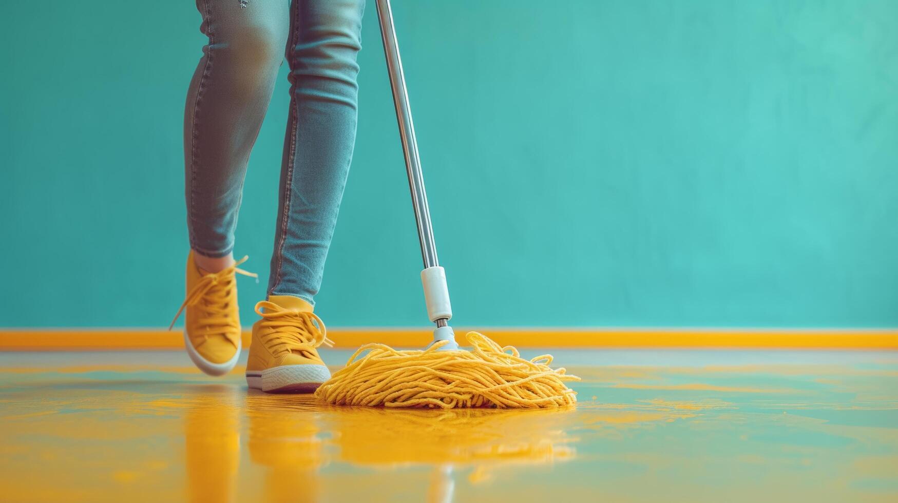 ai generiert ein Person vorgeben zu Surfen auf ein Mopp, infundieren Humor in Haushalt Aufgaben foto