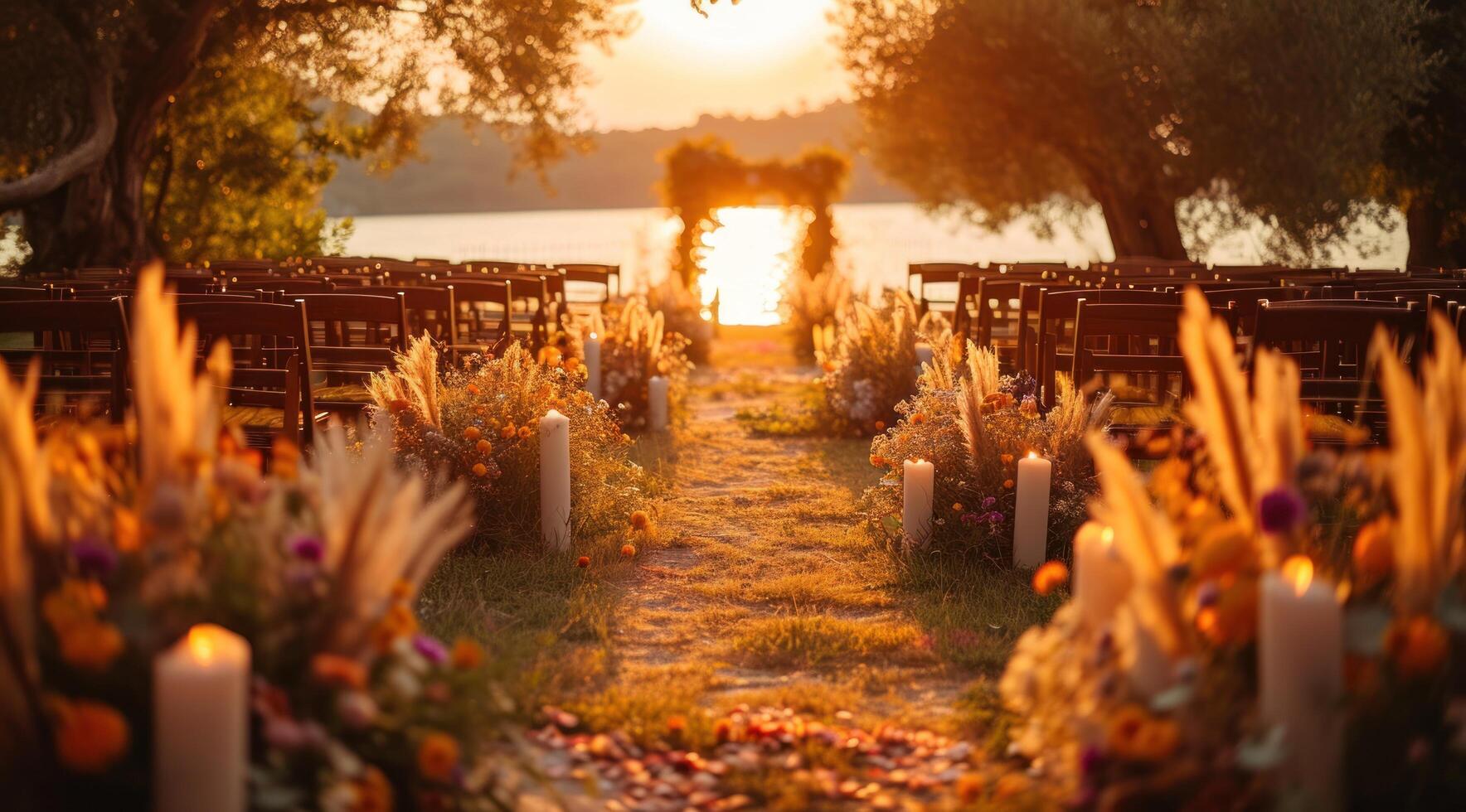 ai generiert ein Foto von ein Hochzeit mit Kerzen und ein Aussicht von Natur