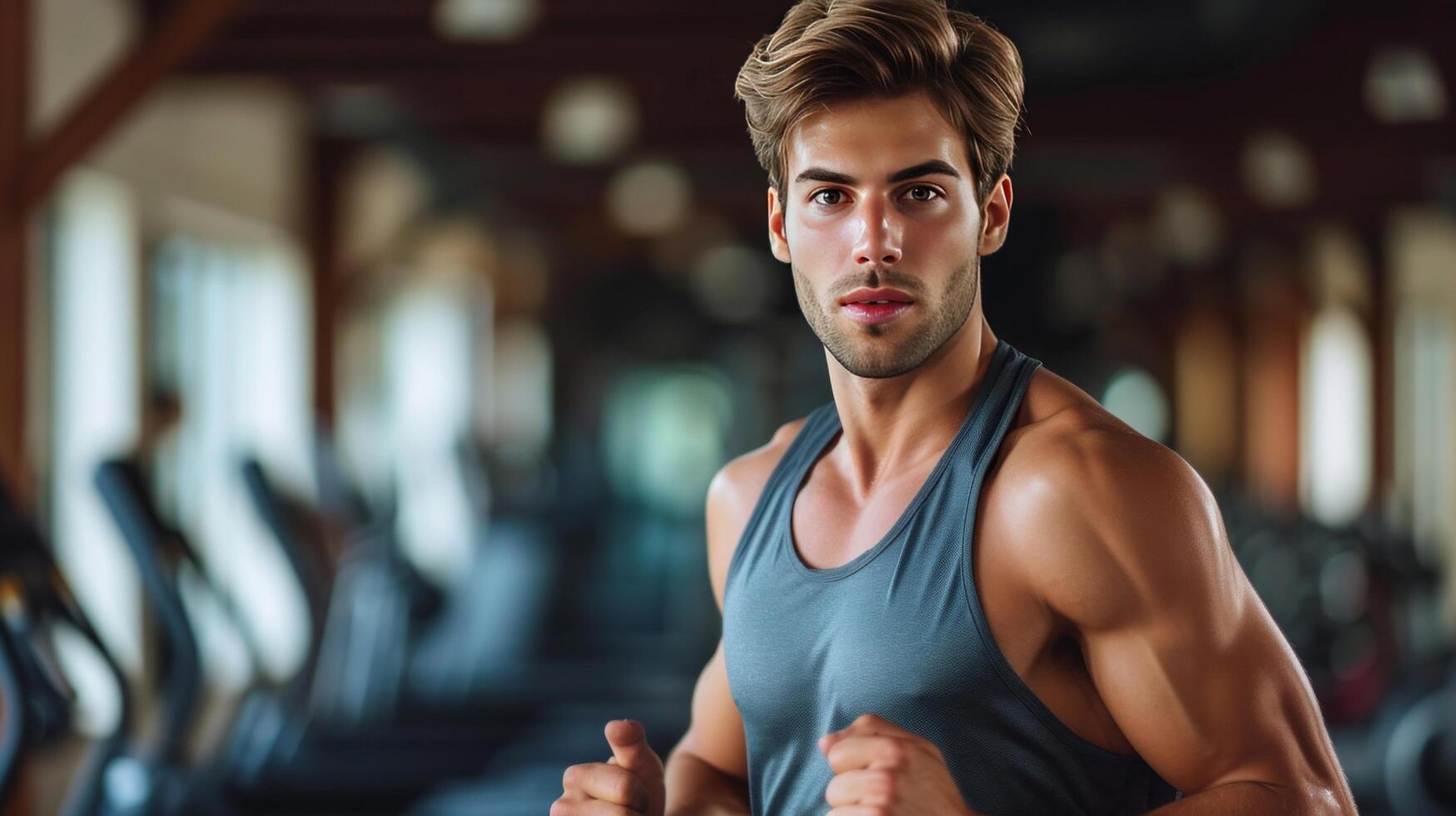 ai generiert jung gut aussehend Mann Laufen auf ein Laufband im das Fitnessstudio foto